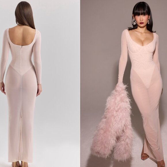 House of CB 'Everly' blush mesh maxi dress with bodysuit NWOT - Picture 7 of 11